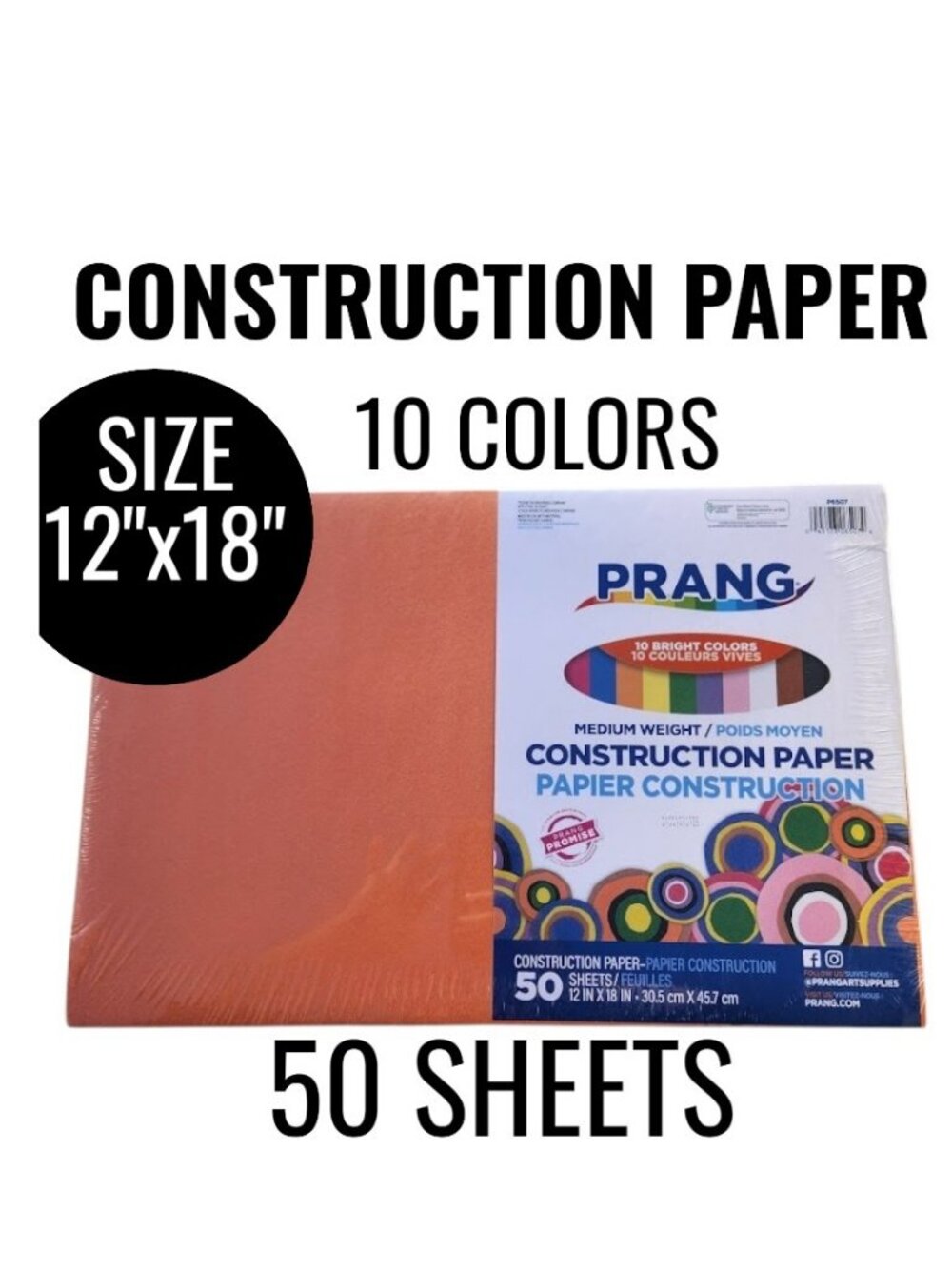 NEW Prang 10 Colors Construction Paper Medium Weight 50 Sheets 12"x18" P6507 Sch